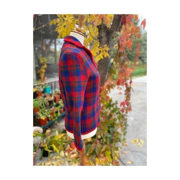 50s 60s Hudson’s Bay Plaid Wool Sweater Metal Crest Buttons Jacket Rare Sz 37 - Picture 3 of 16